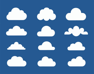 Abstract White Cloud Set – Isolated Cloudy Shapes on a Blue Background Vector