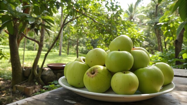 Fresh Elephant Apples on Plate with Natural Outdoor View