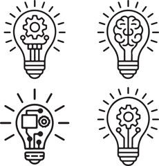 Lightbulb Line Art Collection Gear, Brain, Circuit, Idea Concepts on Transparent