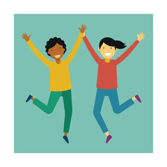 Two happy diverse friends jumping with arms raised in excitement and joy together