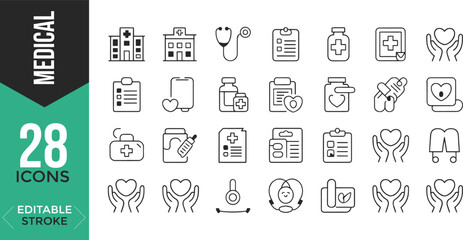 Medical & Healthcare Line Icon Set – Editable Stroke, Vector Illustration


