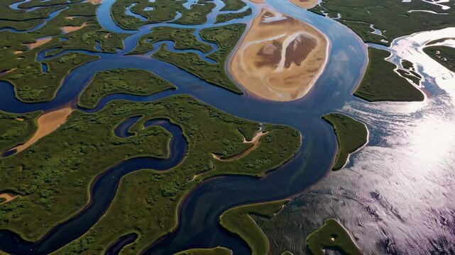 River delta branches flow through vibrant wetlands forming dynamic natural patterns ecosystem diversity illustrating earth&rsquo;s life connections