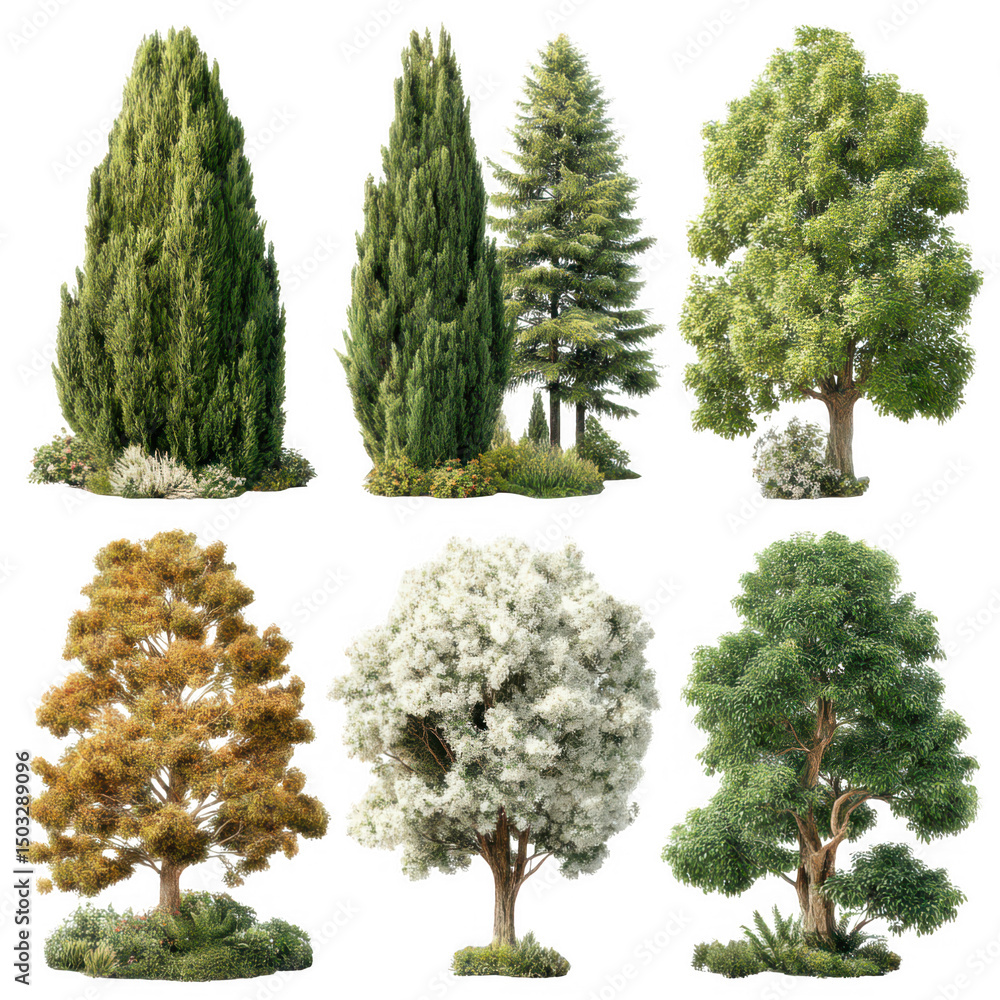 Poster Six different tree types isolated on transparent background