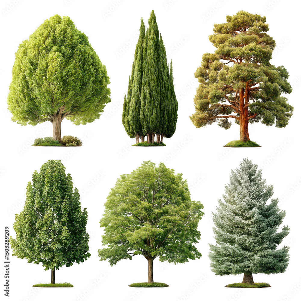 Poster six different tree types isolated on transparent background