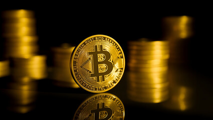 Bitcoin Coin in Focus with Stack in Background