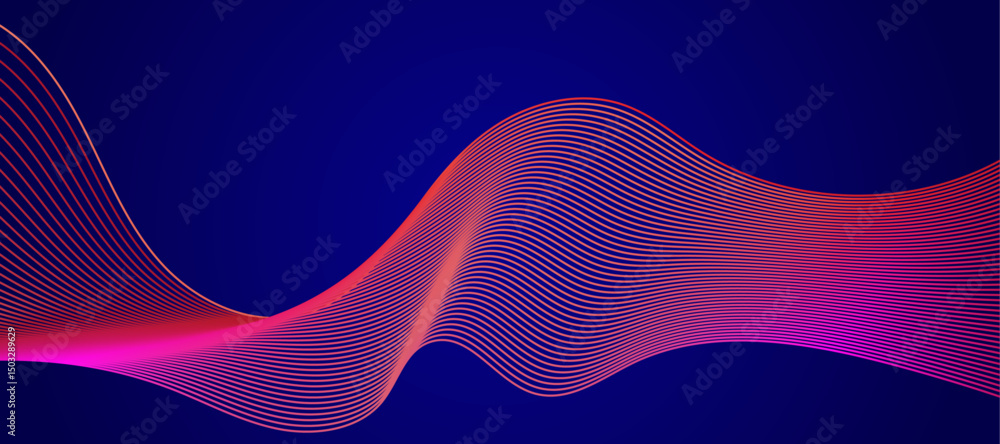 Poster Abstract wave element for design. Violet. Digital frequency track equalizer. Stylized line art background. Colorful shiny wave with lines created using blend tool. 