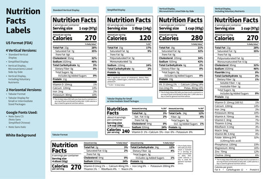 Nutrition facts label. Vector templates. US FDA Standard. Food packaging