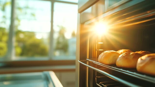 A close, intimate view of a toaster oven's open door, the smell of fresh bread seemingly escaping, golden buns visible, kitchen bathed in morning sunlight