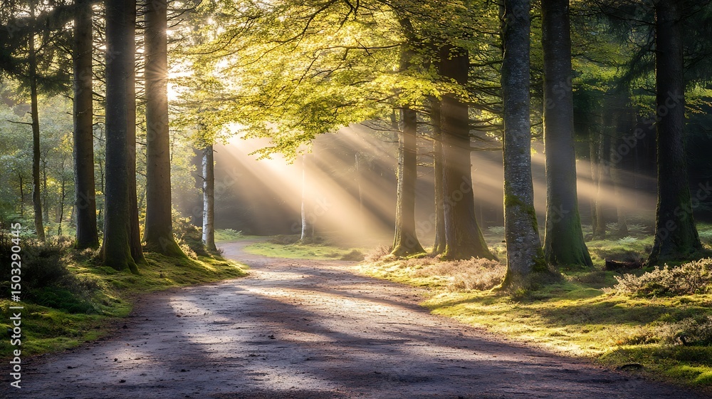 Poster a tranquil woodland path with dappled sunlight filtering through the trees