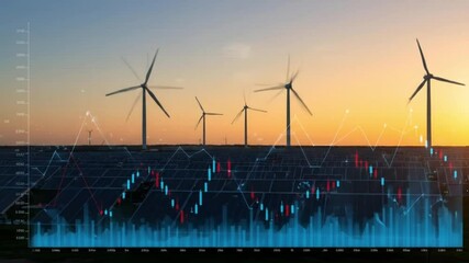 wind turbines and solar panels generate clean energy, with a stock chart in the foreground - Powered by Adobe
