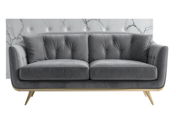 Naklejka premium Elegant grey velvet modern sofa, gold metallic legs, clean lines, soft cushions, 3D render on transparent background.