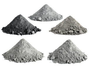   Distinct mounds of gray powders arranged separately, varying in granule size and text