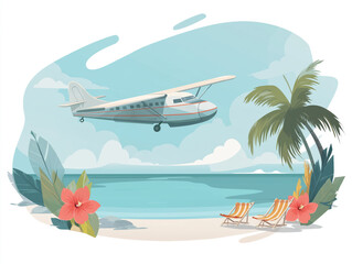 flat vector airplane flying over beach with vacation