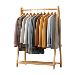 A neat clothes rack displaying various color outfit with the wooden hanger
