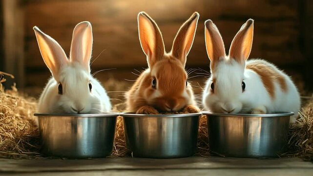 Trio of cute rabbits in a rustic wooden pen, heads buried deep into their metal food bowls, rich textures of soft fur, sparkling bowls, and rough hay in the background