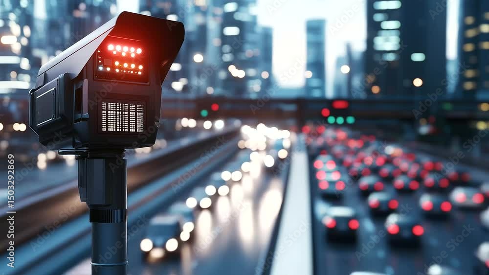 Poster close-up of a futuristic traffic camera with multiple sensors, mounted near a tollbooth surrounded b