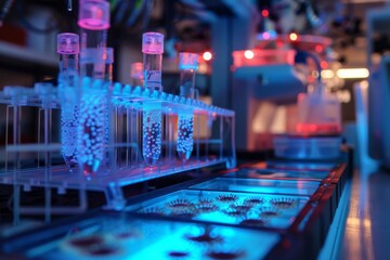 Futuristic science lab with glowing test tubes