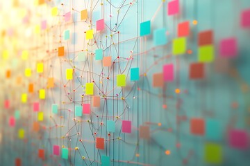 Abstract data network with colorful sticky notes and connecting lines, symbolizing information flow and organization
