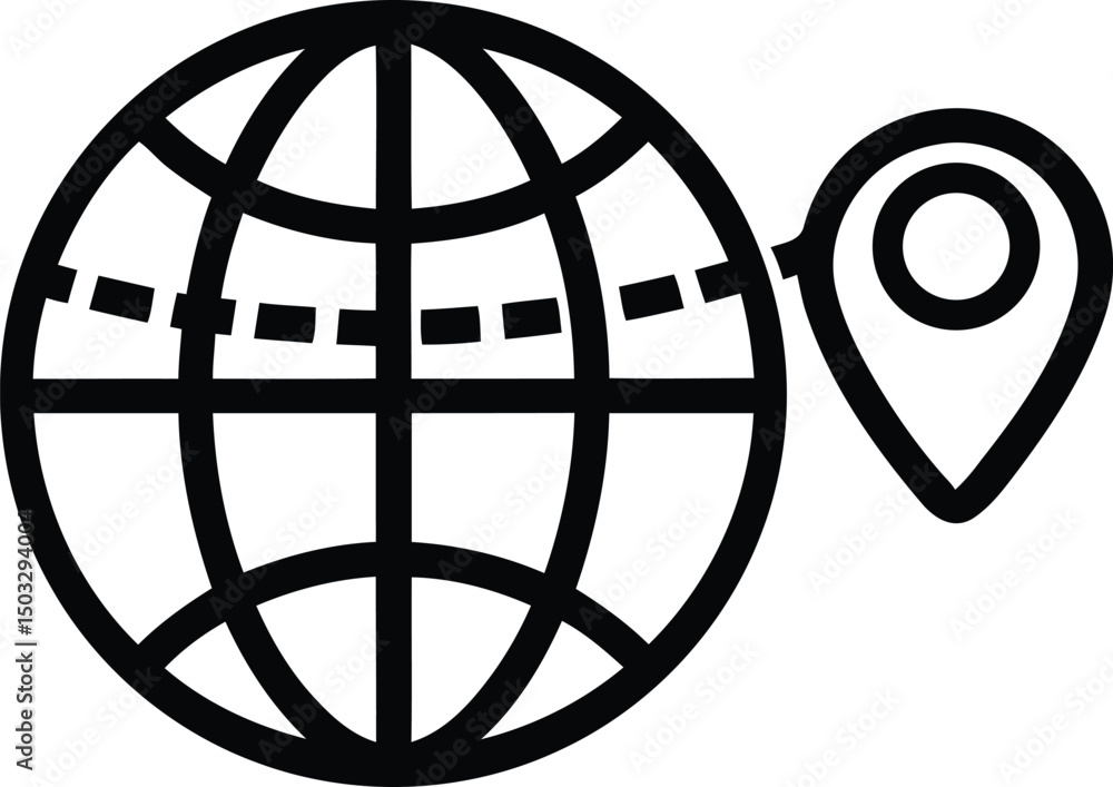 Poster stylish globe icon with location isolated line art vector, globe icon with location silhouette vecto