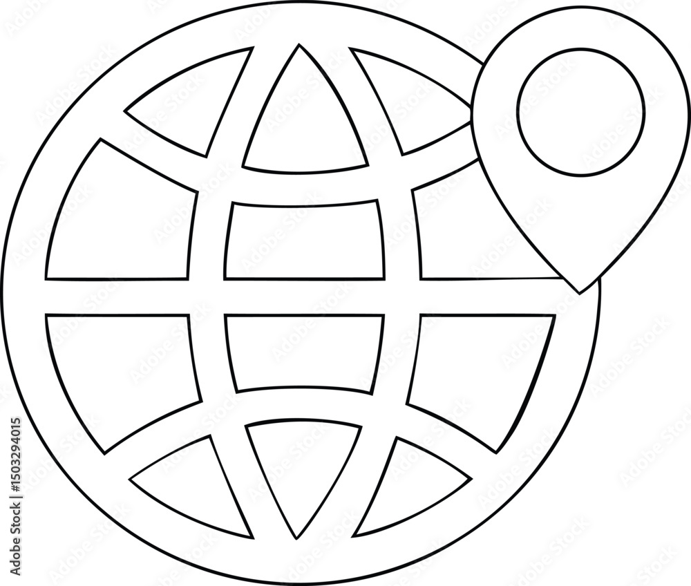 Poster stylish globe icon with location isolated line art vector, globe icon with location silhouette vecto