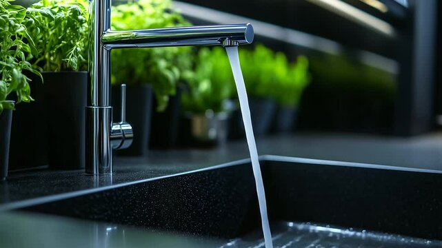 Water flowing from a sleek, modern faucet into a black granite sink, clean lines and stylish design of the kitchen complemented by lush greenery from small indoor plants