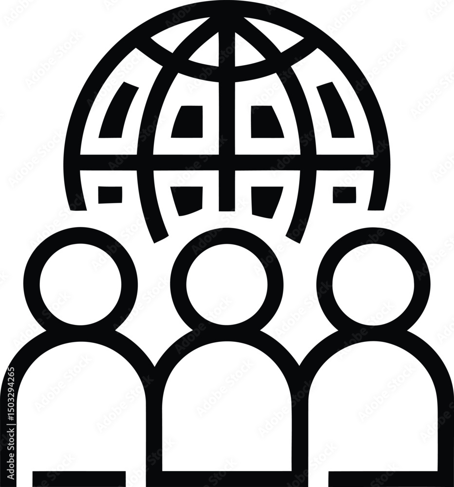 Poster three figures with a globe above them vector icon, three figures with a globe above them silhouette 