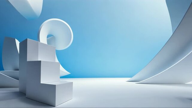 White room with a blue sky. There are white cubes and a white wall. The cubes are stacked in a pyramid shape . Business abstraction