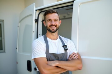 Male Painter Ready for Work, Poses confidently in front of his white van with arms crossed and a smile on his face.