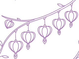 Elegant botanical line art with heart-shaped hanging lantern flowers on curved branches in purple. Delicate floral pattern perfect for romantic, nature, or wedding-themed designs. 