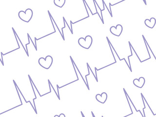 Seamless pattern of purple heartbeats and hearts on white background. Romantic ECG line art for love, health, or medical themes. Ideal for Valentine's, wellness, or textile design projects.