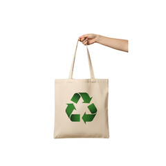 Woman hand holding reusable eco friendly canvas shopping bag with recycling symbol on transparent background. Sustainable lifestyle.