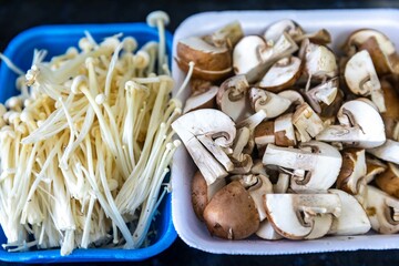 known as Enokitake, the Enoki mushroom Flammulina velutipes, is a variety widely used in oriental cuisine.