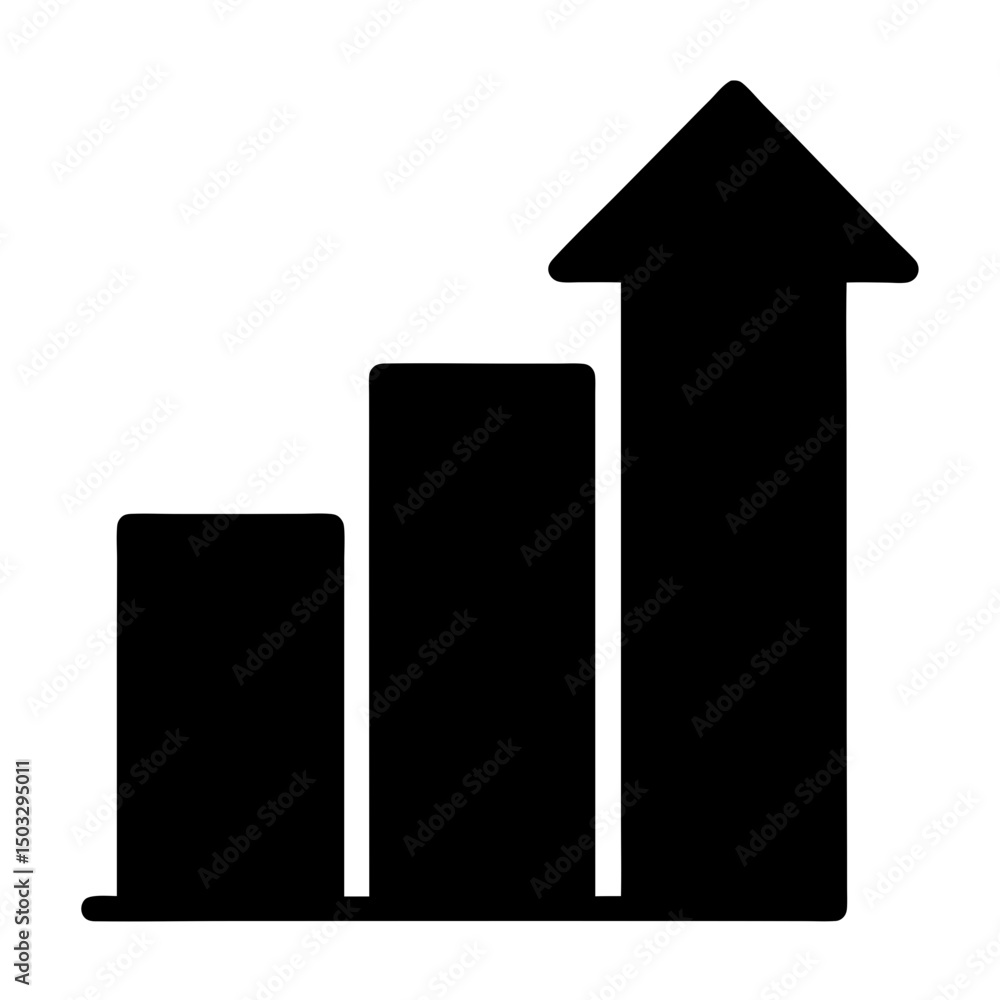 Poster illustration of an upward trending bar graph with a pointed arrow on top