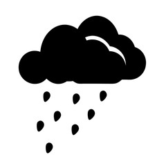 Simple black and white cloud with raindrops represents inclement weather forecast