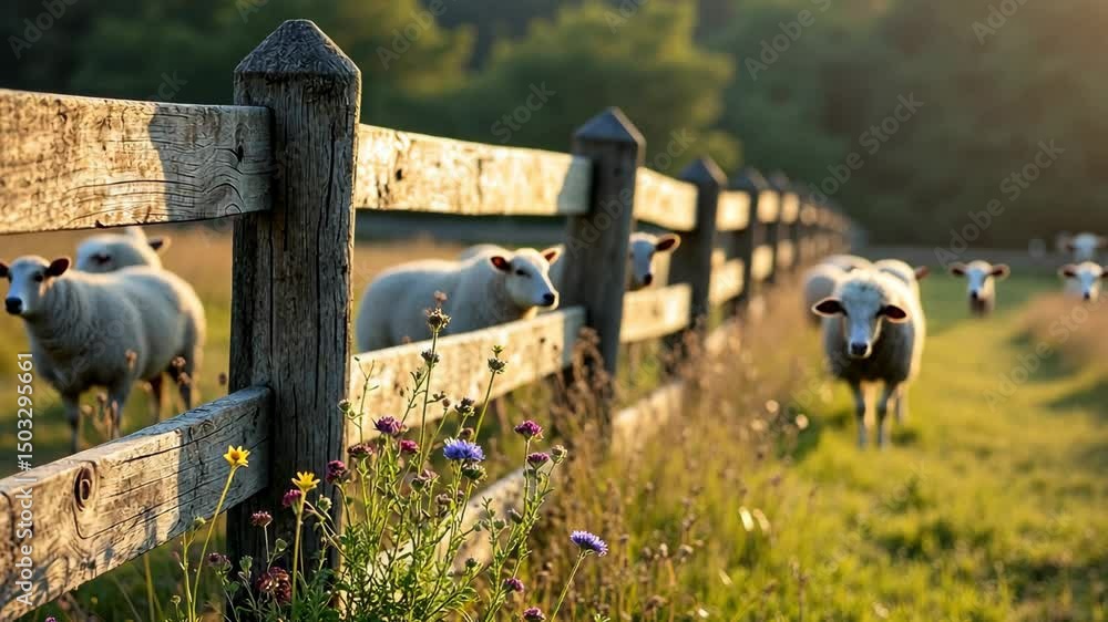 Poster group of sheep are grazing in a field behind a wooden fence. the fence is wooden and has a rustic ap