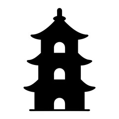 Silhouette of Traditional Asian Pagoda Structure, Black silhouette of a three-tiered pagoda with curved roofs and arched windows, isolated on a white background.

