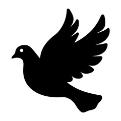 Silhouette of a Flying Dove with Spread Wings, Black silhouette of a dove in mid-flight with wings fully spread, symbolizing peace and freedom, isolated on white.
