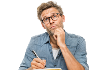 Thoughtful man writing with pen, looking up, on white background