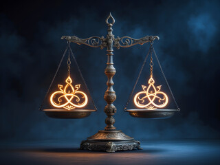 Balance and Harmony: A vintage scale, beautifully crafted, showcases the timeless principles of equilibrium, justice, and fairness with symbolic glowing ornaments. It encapsulates concepts of balance.
