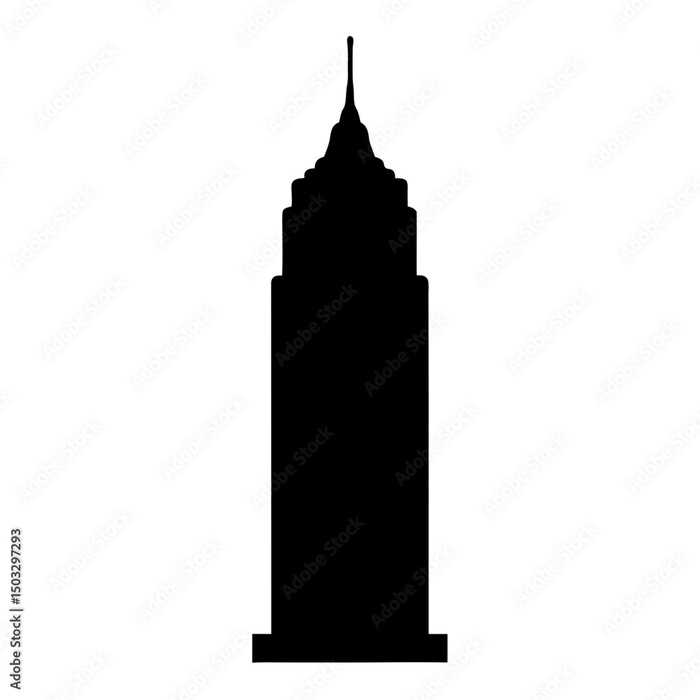 Poster silhouette of a classical skyscraper architectural design with a pointed spire