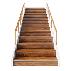 Wooden staircase with light brown wooden handrails against white background. The stairs lead upwards, suggesting progress and aspiration