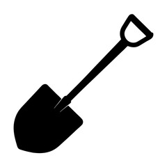 A simple black silhouette of a digging shovel on a white background