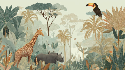 Tropical vintage botanical landscape, giraffe, rhino animal, toucan bird, palm tree, banana tree, plant floral seamless border grey background. Exotic African wallpape