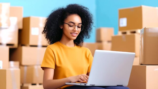 Positive and happy employee working on her laptop in a busy warehouse, managing logistics for an online shopping business, piles of packed boxes around her ready for delivery