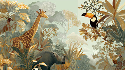 Tropical vintage botanical landscape, giraffe, rhino animal, toucan bird, palm tree, banana tree, plant floral seamless border grey background. Exotic African wallpape