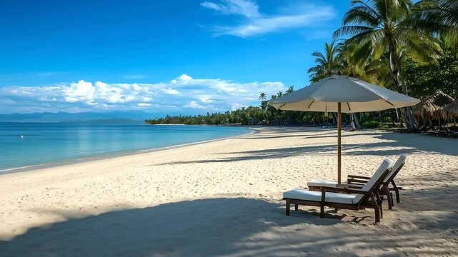 Tranquil beach resort with pristine sand and turquoise waters, a beach umbrella with two chairs arranged perfectly for relaxation, palm trees lining the shoreline under a bright bl