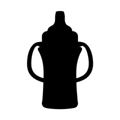 Silhouette of a Baby Bottle with Handles, Black silhouette of a baby bottle featuring two side handles and a nipple top, isolated on a white background.
