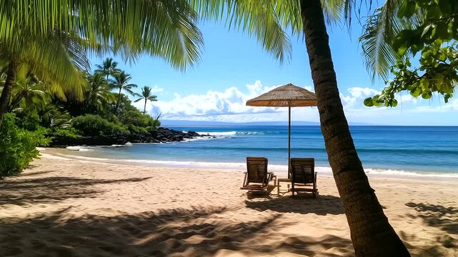 Tropical beach paradise with palm trees framing the view of the ocean, a peaceful spot on the sandy shore with a beach umbrella and chairs set for a relaxing day under the sun