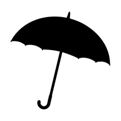 Black umbrella silhouette providing protection from rain or sunlight on white background