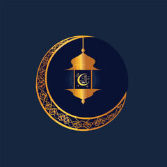 Elegant Ramadan logo featuring a golden crescent moon, glowing lantern, and intricate Arabic calligraphy. Minimalist, symmetrical design with a luxury feel, perfect for digital and branding use.